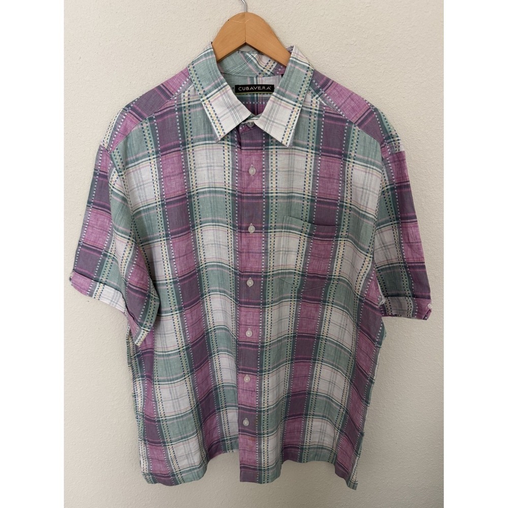 Cubavera Men's XL 100% Linen Camp Shirt Plaid Button Up Summer Vacation Cruise